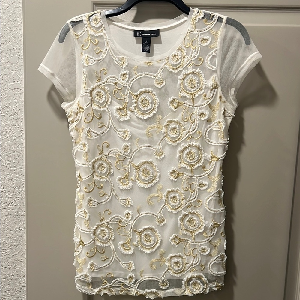 INC White and Gold Embroidered Top